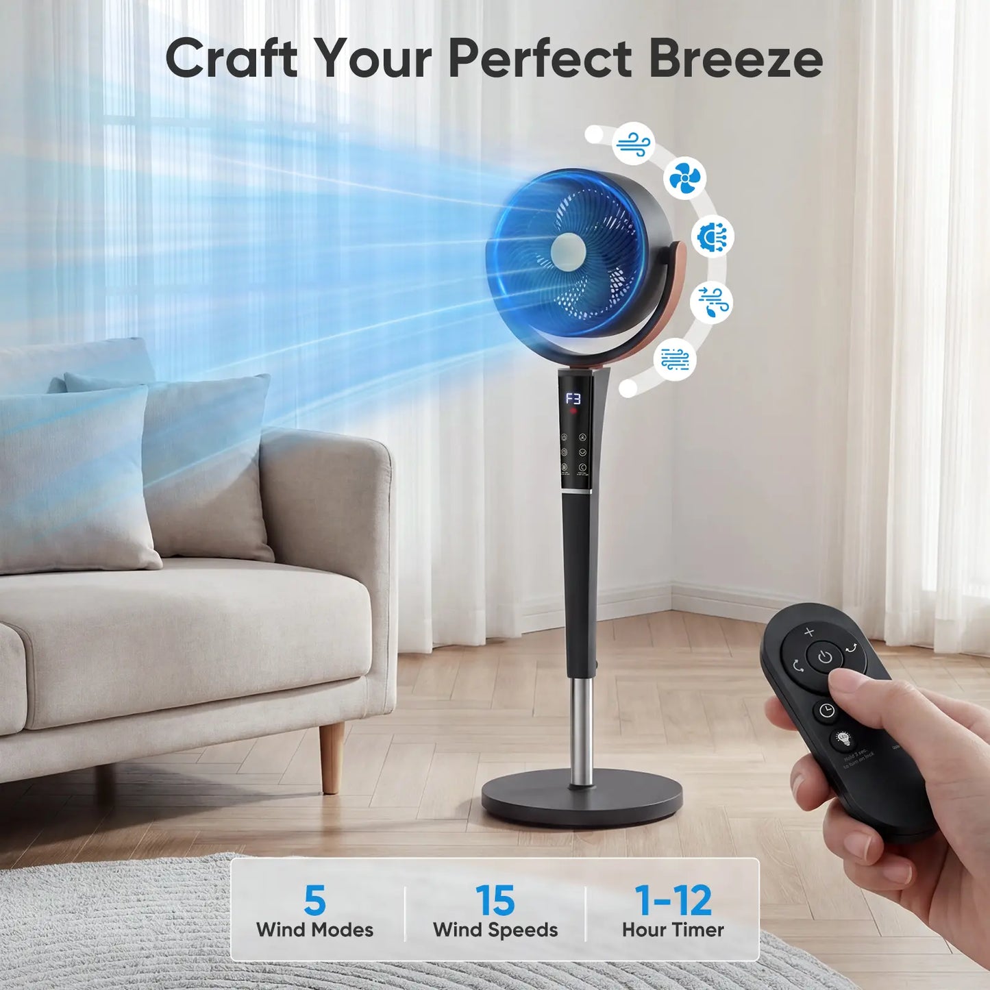 CoreBreeze Smart Pedestal Fan with Remote, 15 Speeds & Oscillation