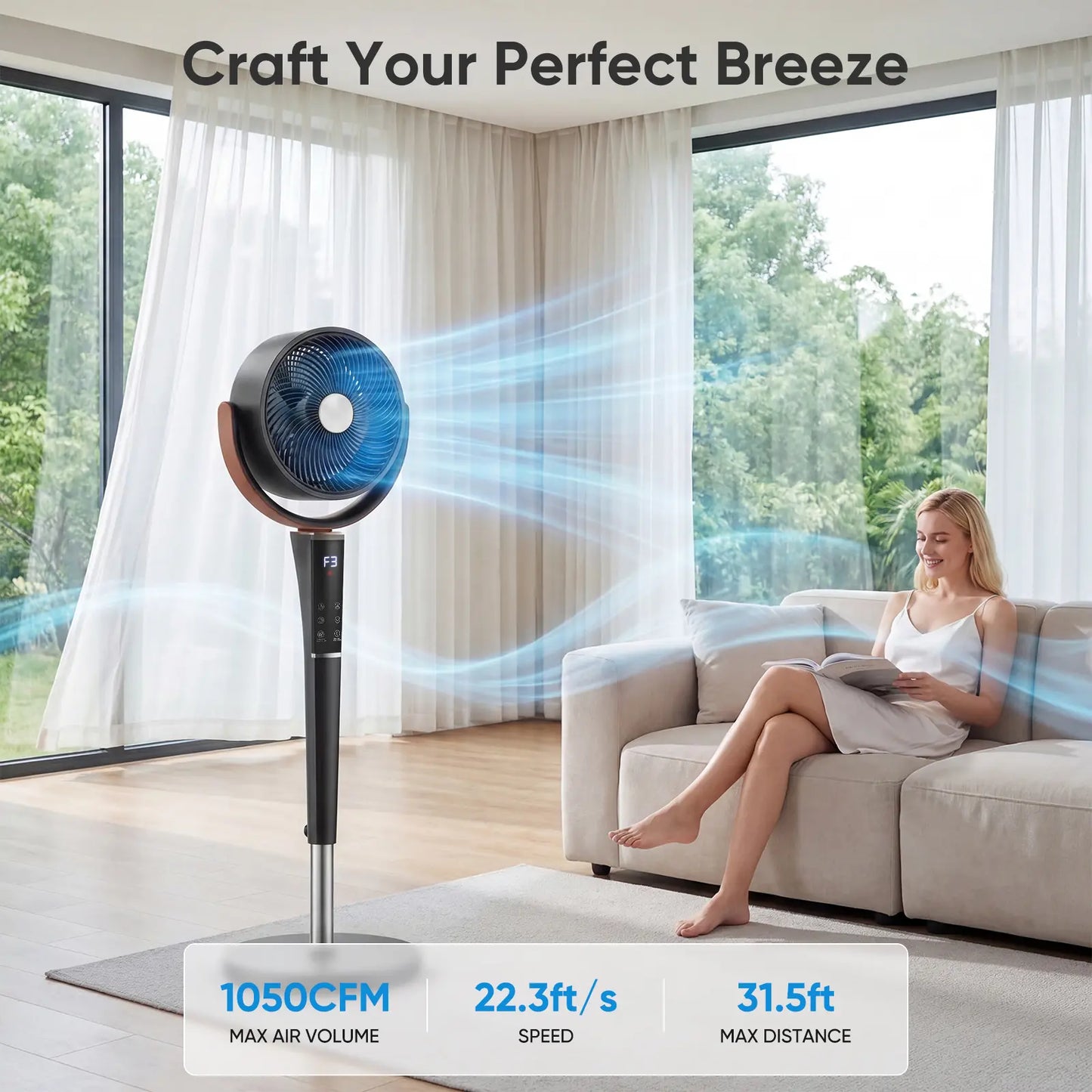 CoreBreeze Smart Pedestal Fan with Remote, 15 Speeds & Oscillation